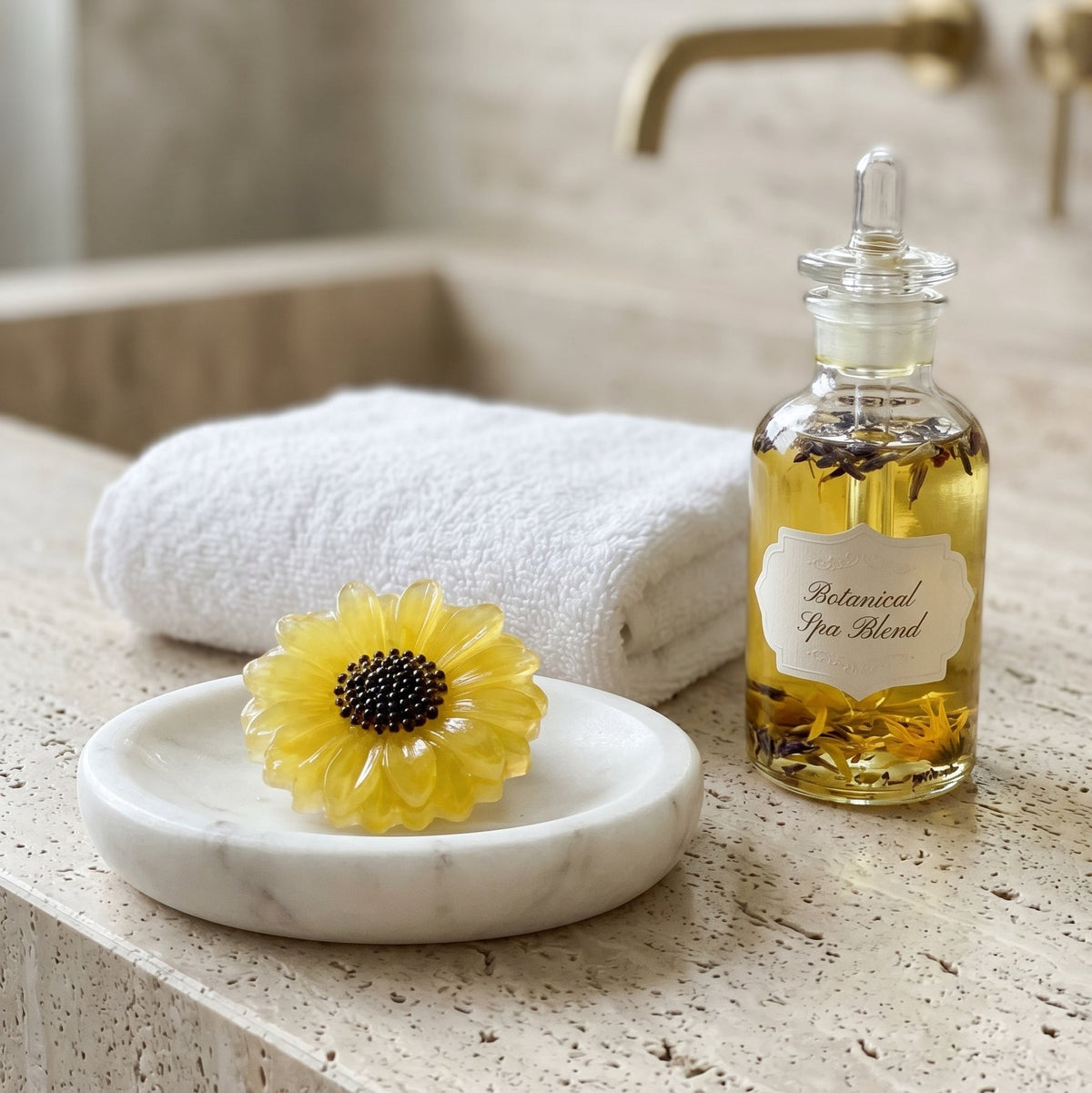 Glass bottle of botanical spa blend on a marble surface with a sunflower and towel in the background.